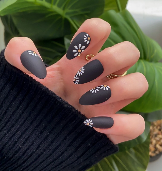 24pcs Long Almond Floral Print Fake Nail & 1sheet Tape & 1pc Nail File