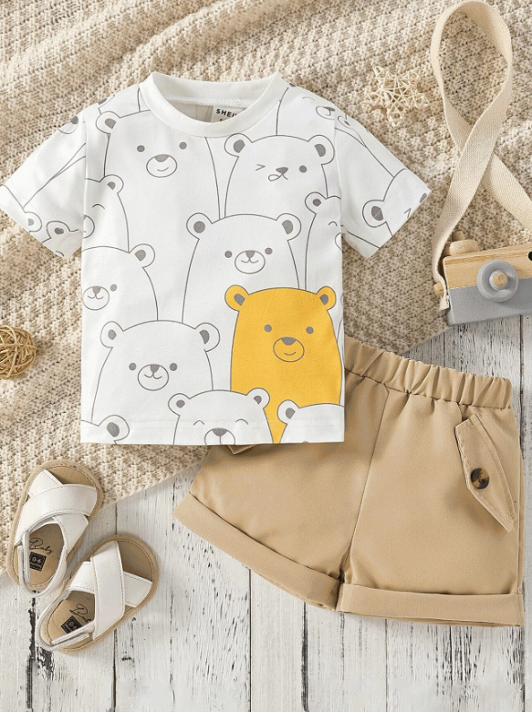 Baby Bear Print Tee & Roll Up Hem Shorts