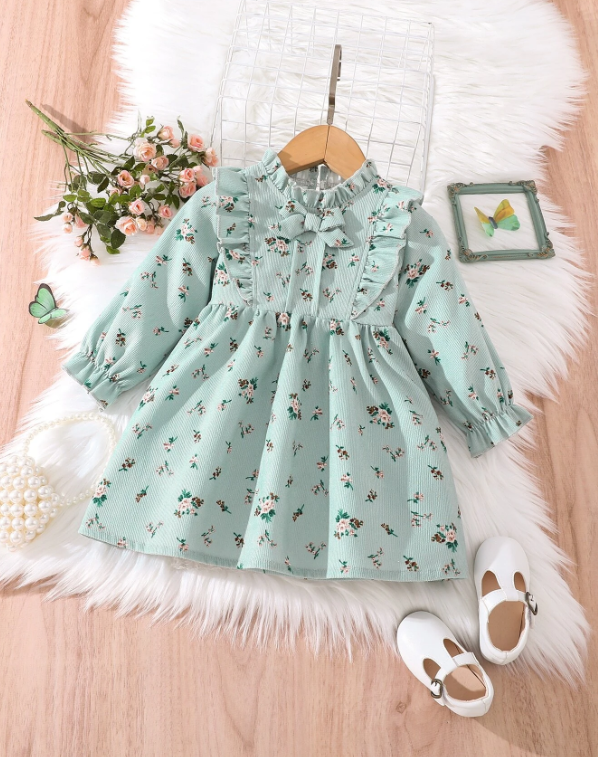 Baby Floral Print Frill Trim Flounce Sleeve Corduroy Dress