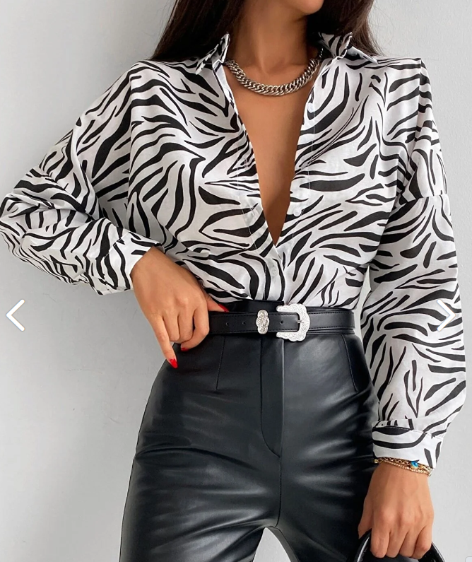 armonika Kadın Siyah Zebra Desen Oversize Uzun Basic Gömlek Arm-22Y001145 ARM-22Y001145