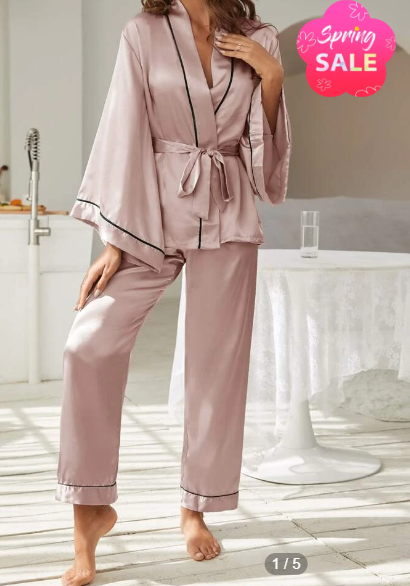 Contrast Piping Belted Satin Night Set