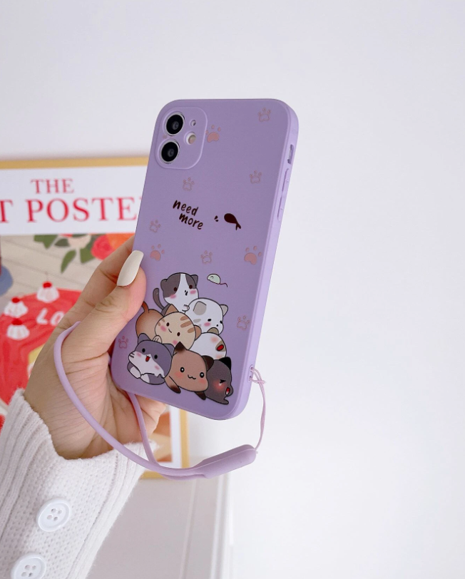 Cartoon Cat Pattern Phone Case With Lanyard