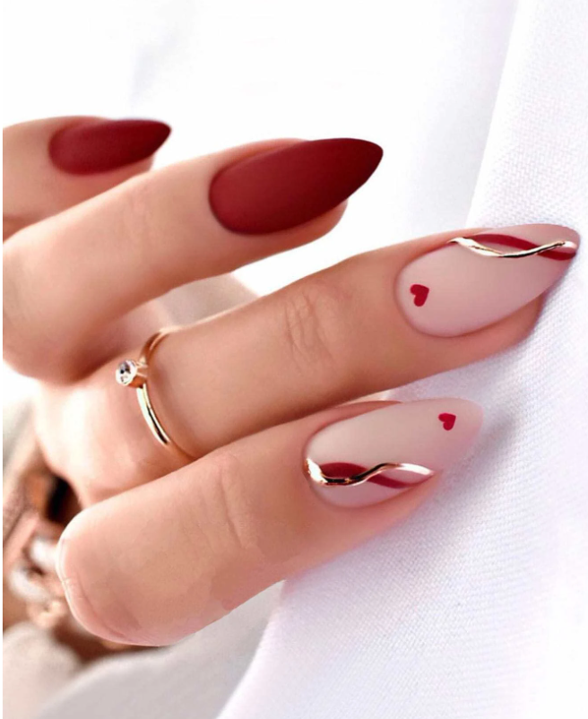 24pcs Long Almond Heart Pattern Fake Nail & 1pc Nail File & 1sheet Tape