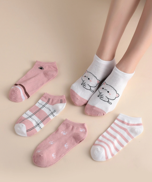 5pairs Striped Print Pink Ankle Socks
