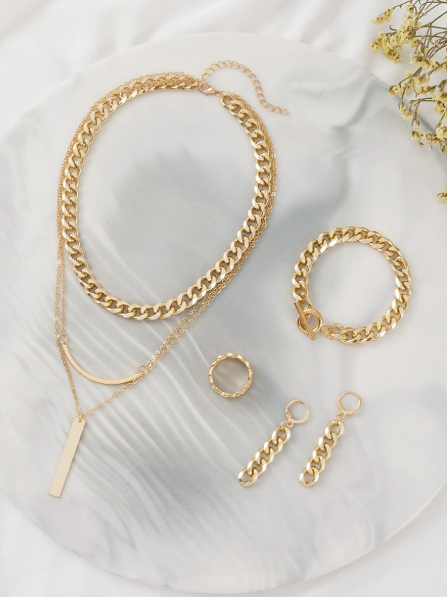 Chain Design Drop Earrings & Ring & Necklace & Bracelet