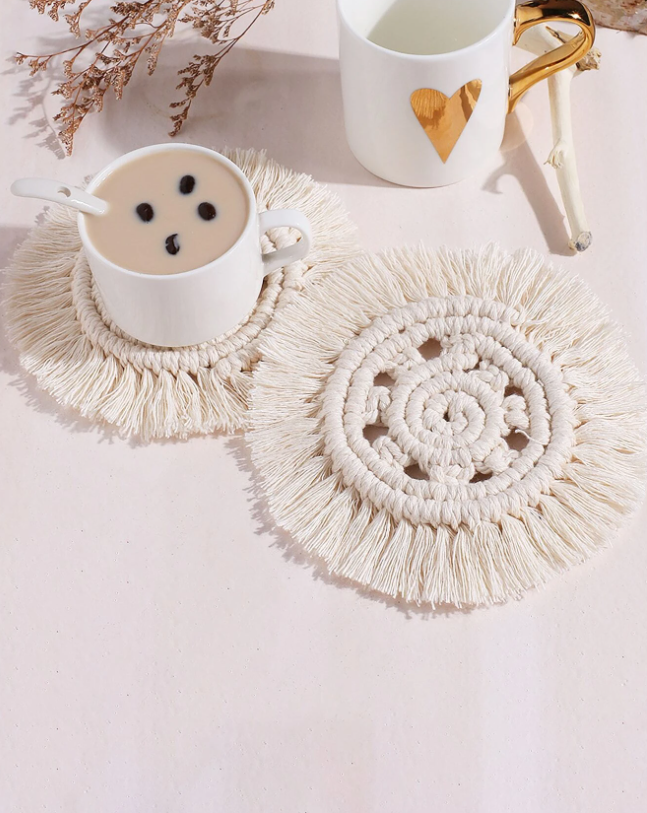 1pc Tassel Decor Coaster, 18cm Woven Round Table Mat For Dining Table