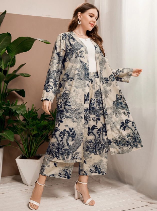 SHEIN Najma Plus Landscape Print Open Front Coat & Pants