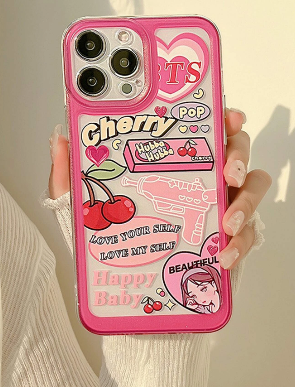 Cartoon Girl & Cherry Print Phone Case
