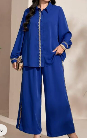 SHEIN Modely مقاس كبير مقلم بدانتيل متباين قميص و بنطلون بساق واسع