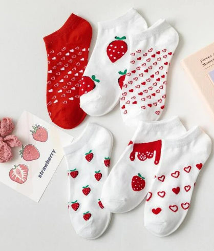 6pairs Heart & Strawberry Print Ankle Socks