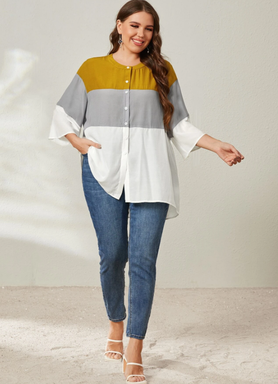 EMERY ROSE Plus Color Block Drop Shoulder Blouse