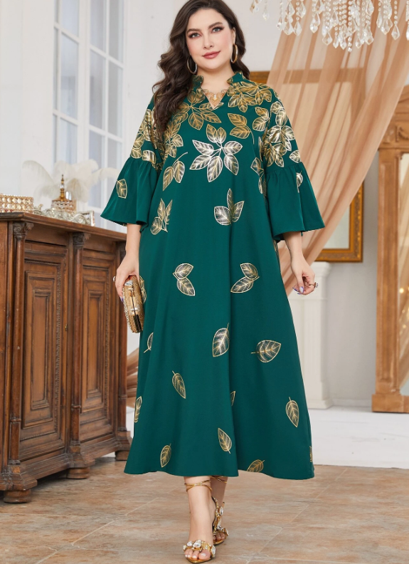 SHEIN Najma Plus Gold Leaves Print Flounce Sleeve Dress