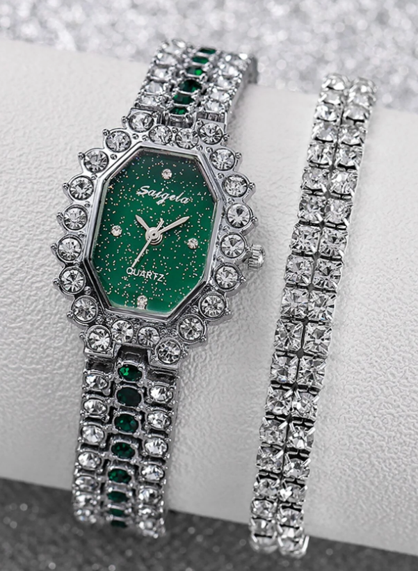 1pc Rhinestone Decor Quartz Watch & 1pc Bracelet