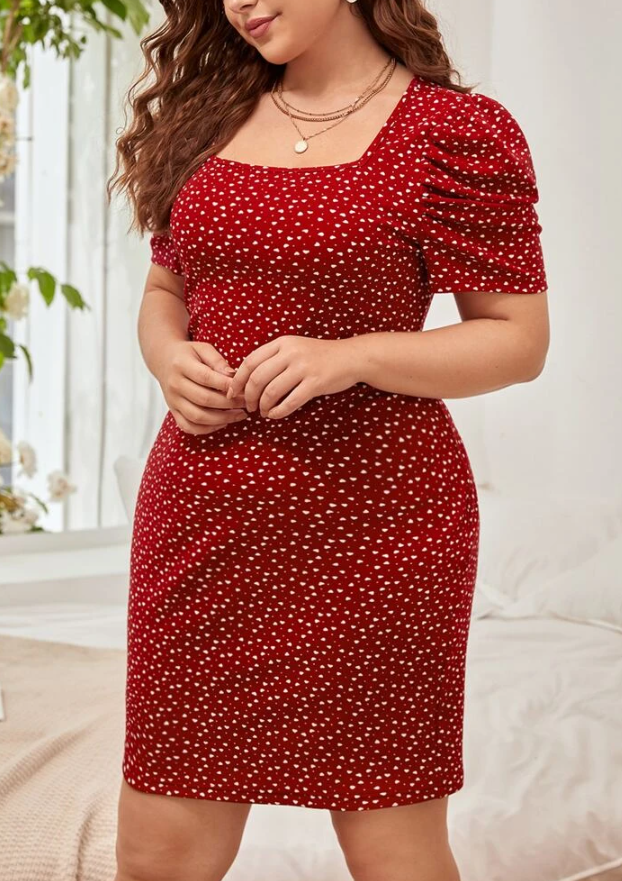 EMERY ROSE Plus Allover Heart Print Square Neck Puff Sleeve Dress