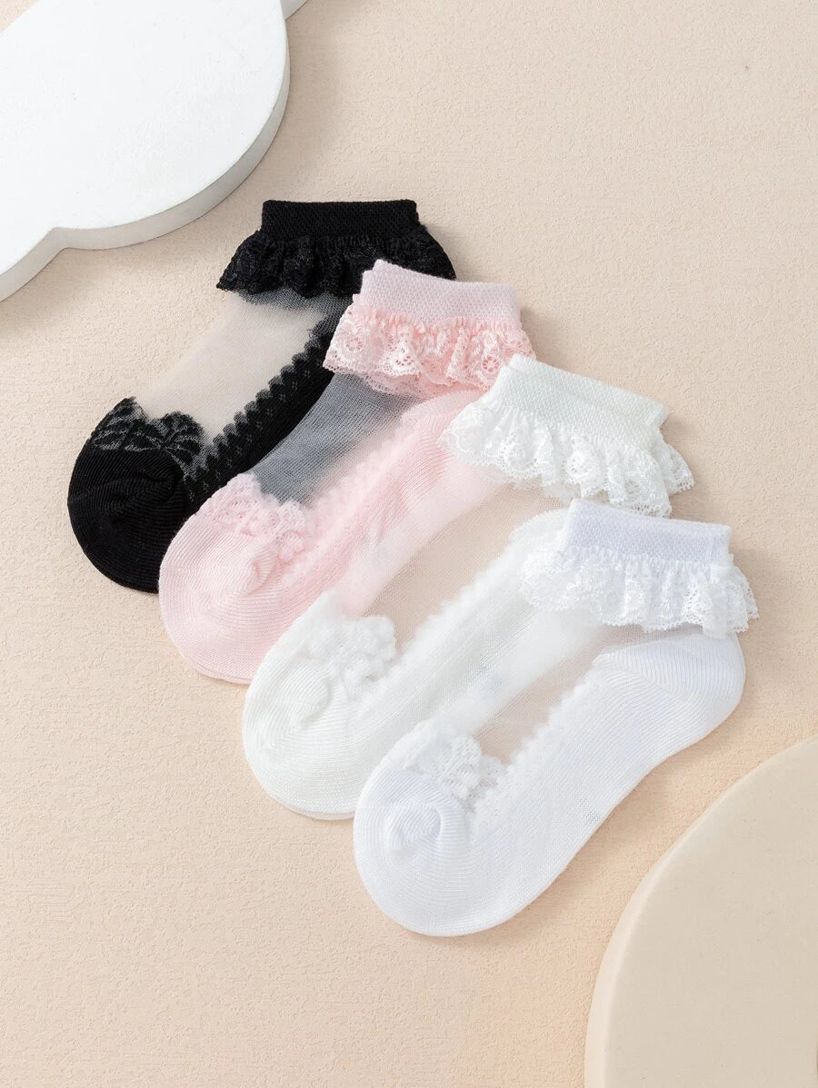 4 Pairs Ruffle Striped Ankle Socks for Little Girls