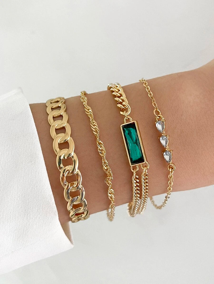 4pcs Rectangle & Water-drop Rhinestone Decor Bracelet