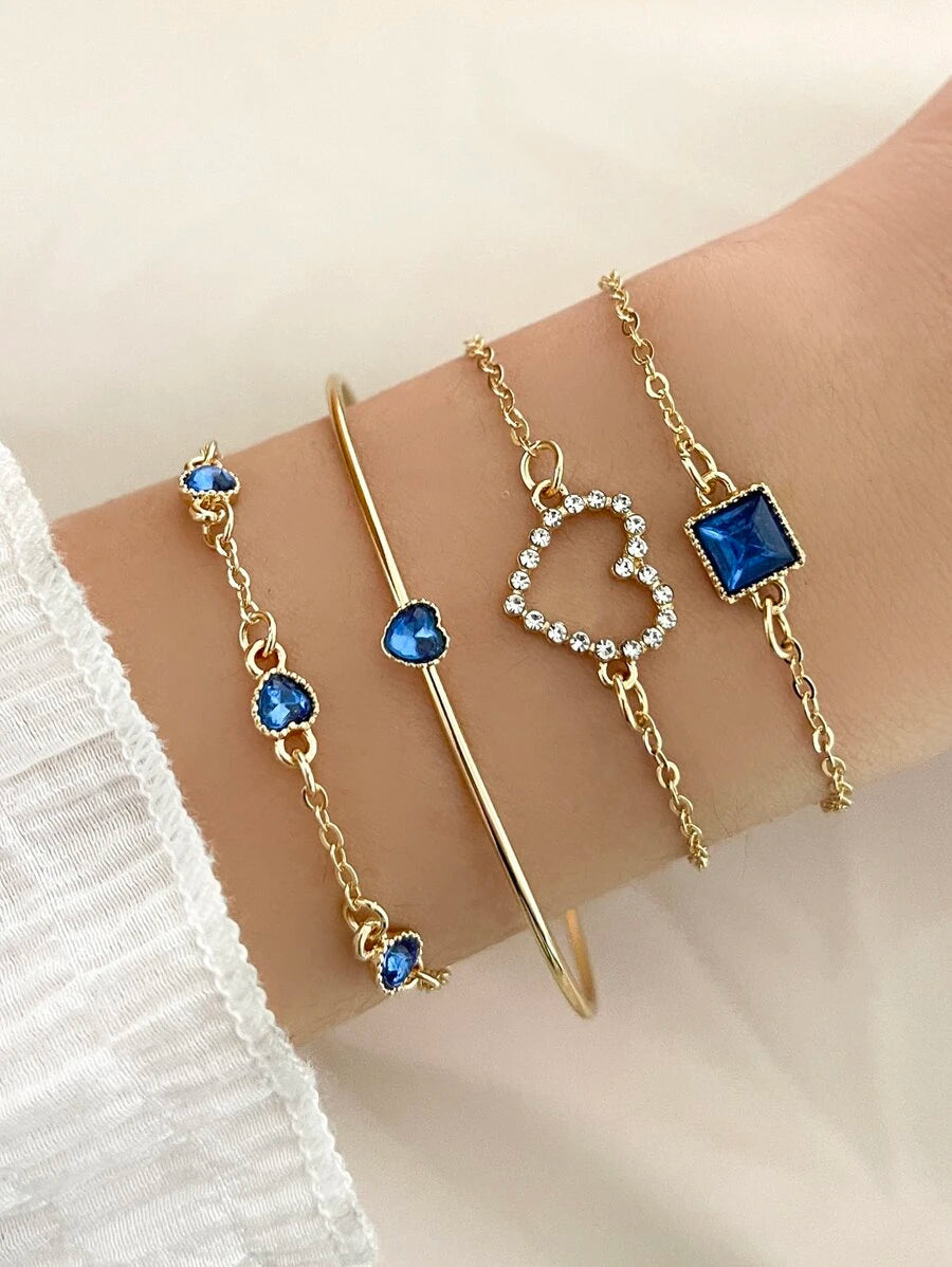 4pcs Rhinestone Heart & Square Decor Bracelet