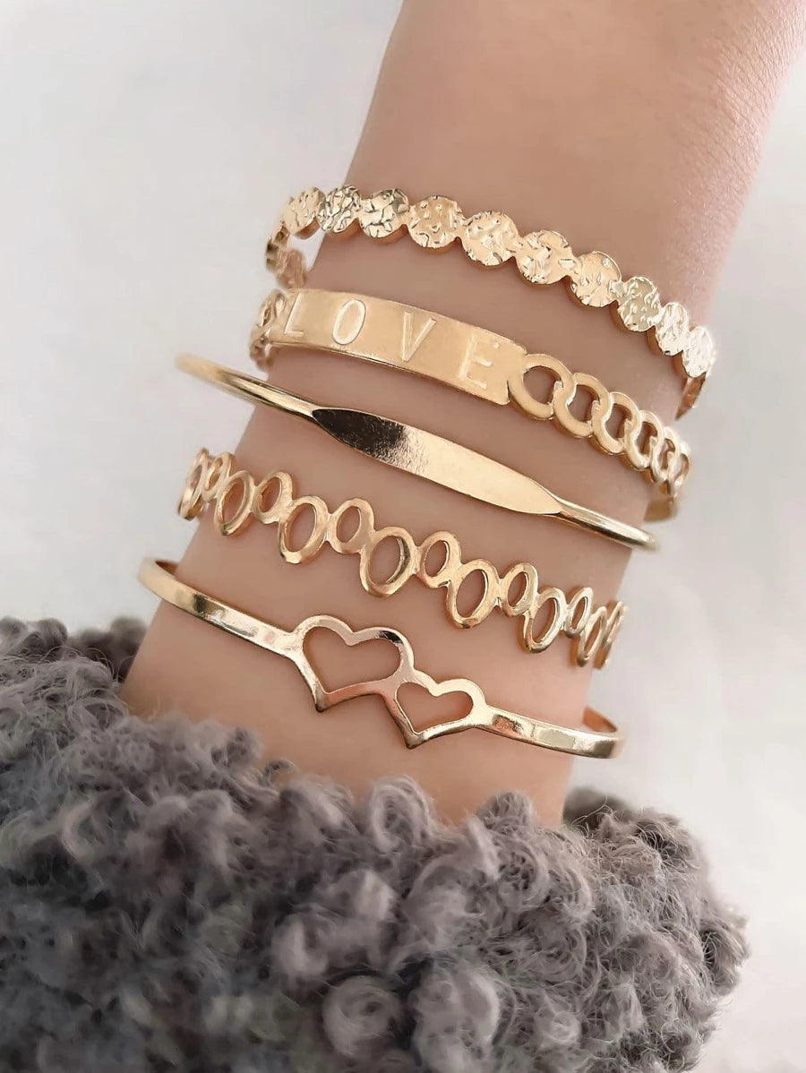 5pcs Heart & Oval Decor Cuff Bangle