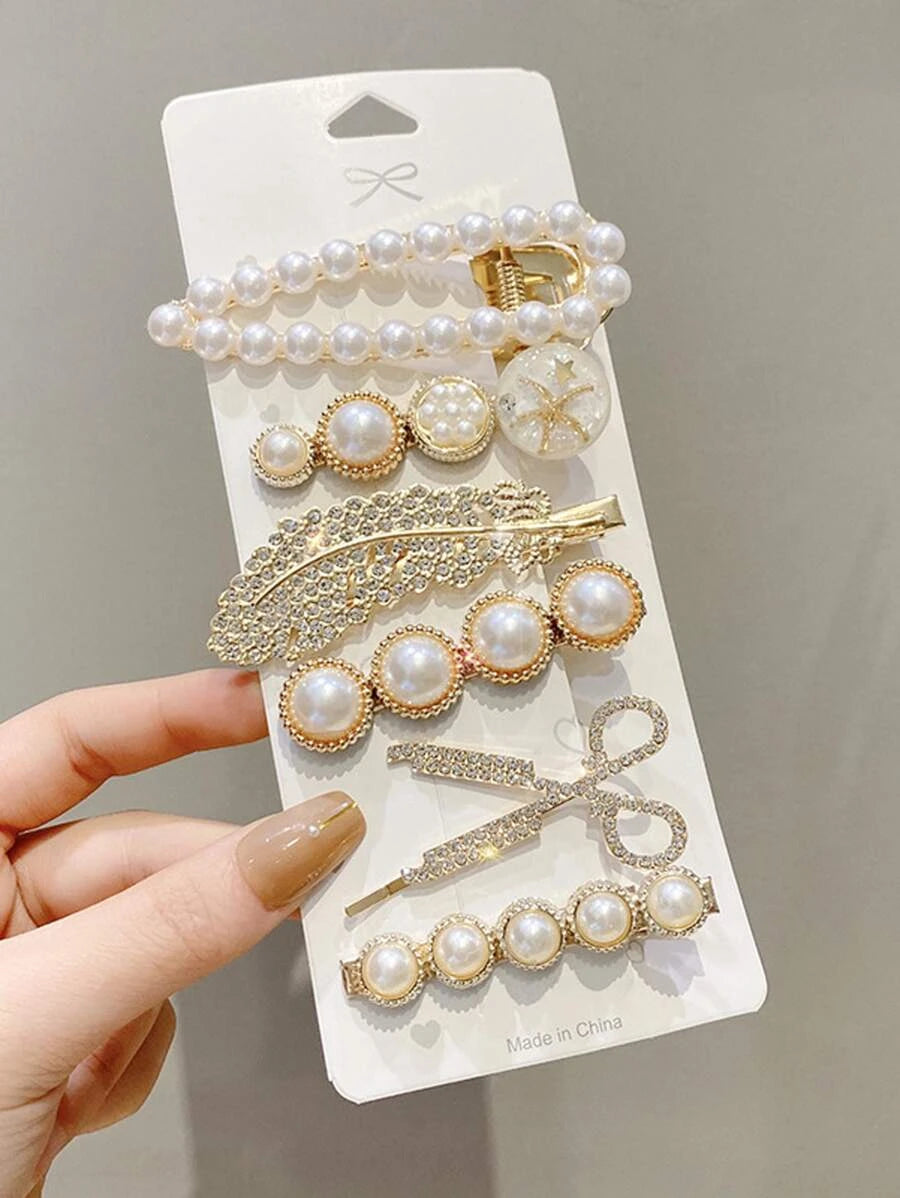 6 pcs rhinestone and faux pearl decor hair clip