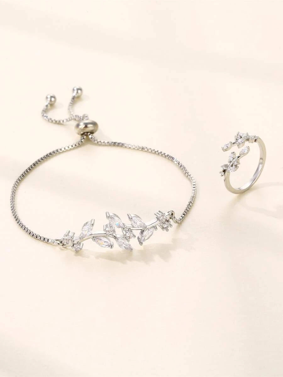 A bracelet decorated with rhinestone leaves and a ring