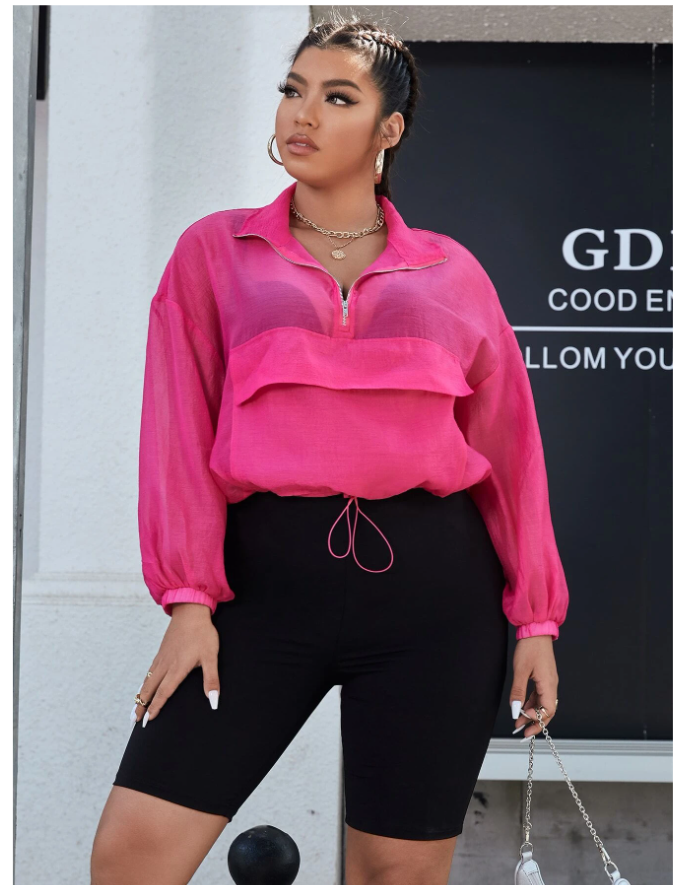 SHEIN EZwear Plus Half Zip Drawstring Hem Drop Shoulder Top & Biker Shorts Set