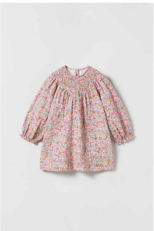 TEXTURED FLORAL DRESS WITH ELASTICATED TRIMS
