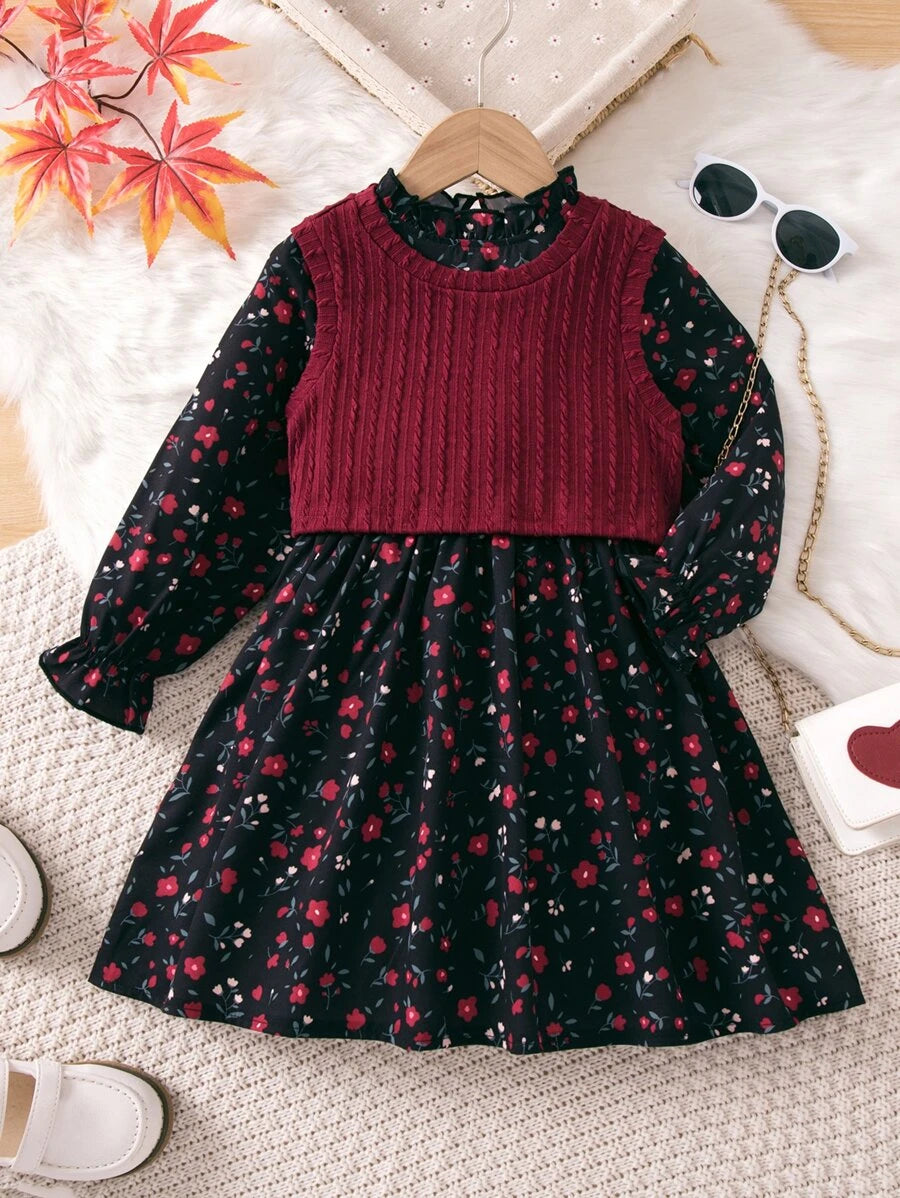 Baby girls' daisy floral print dress with flounced sleeves and a tank top