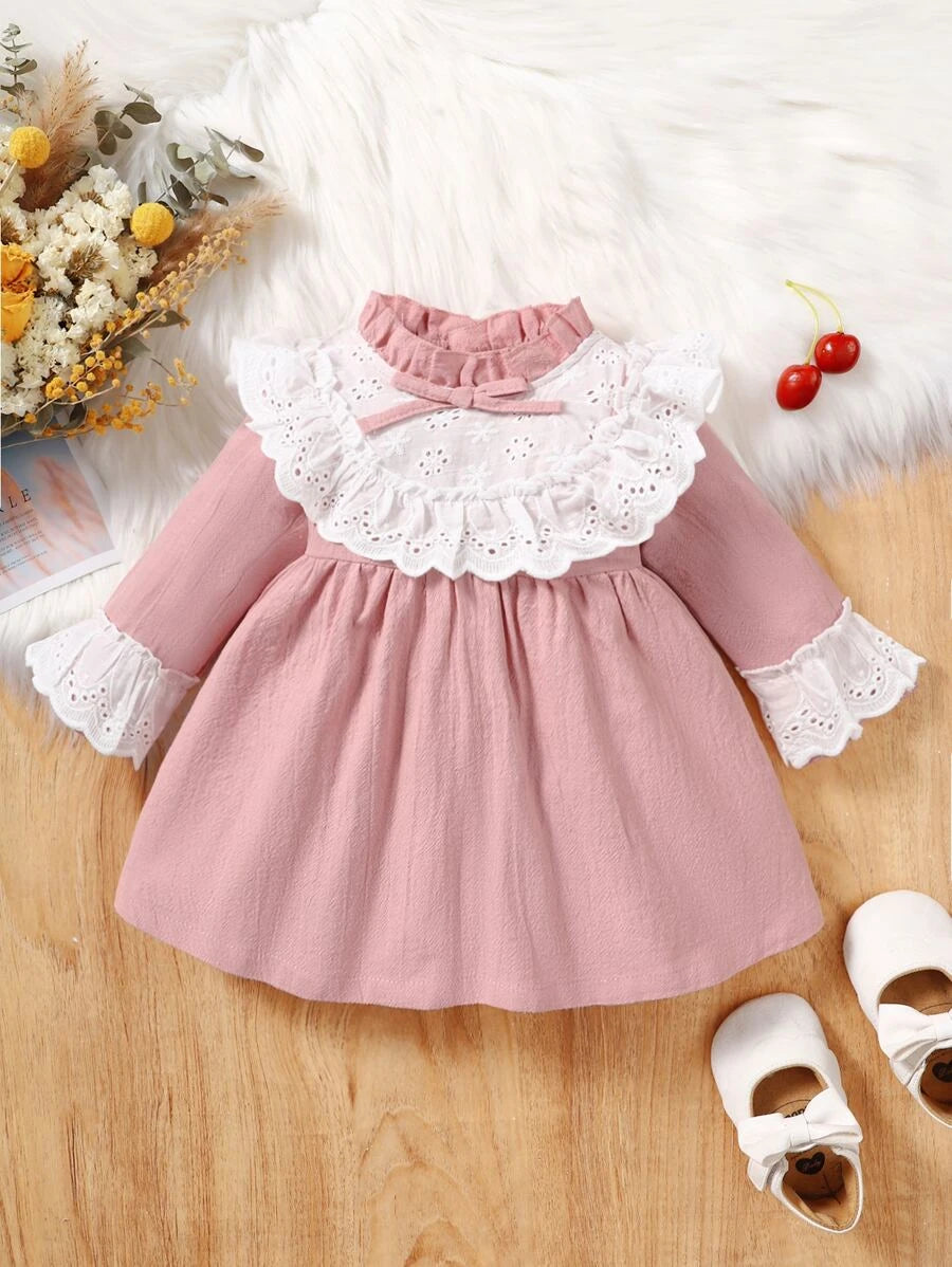 Children's embroidered ring striped dress with ruffled sleeves