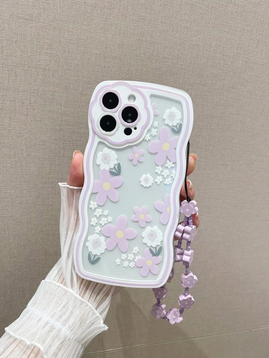 Flower print transparent phone case with a neck rope