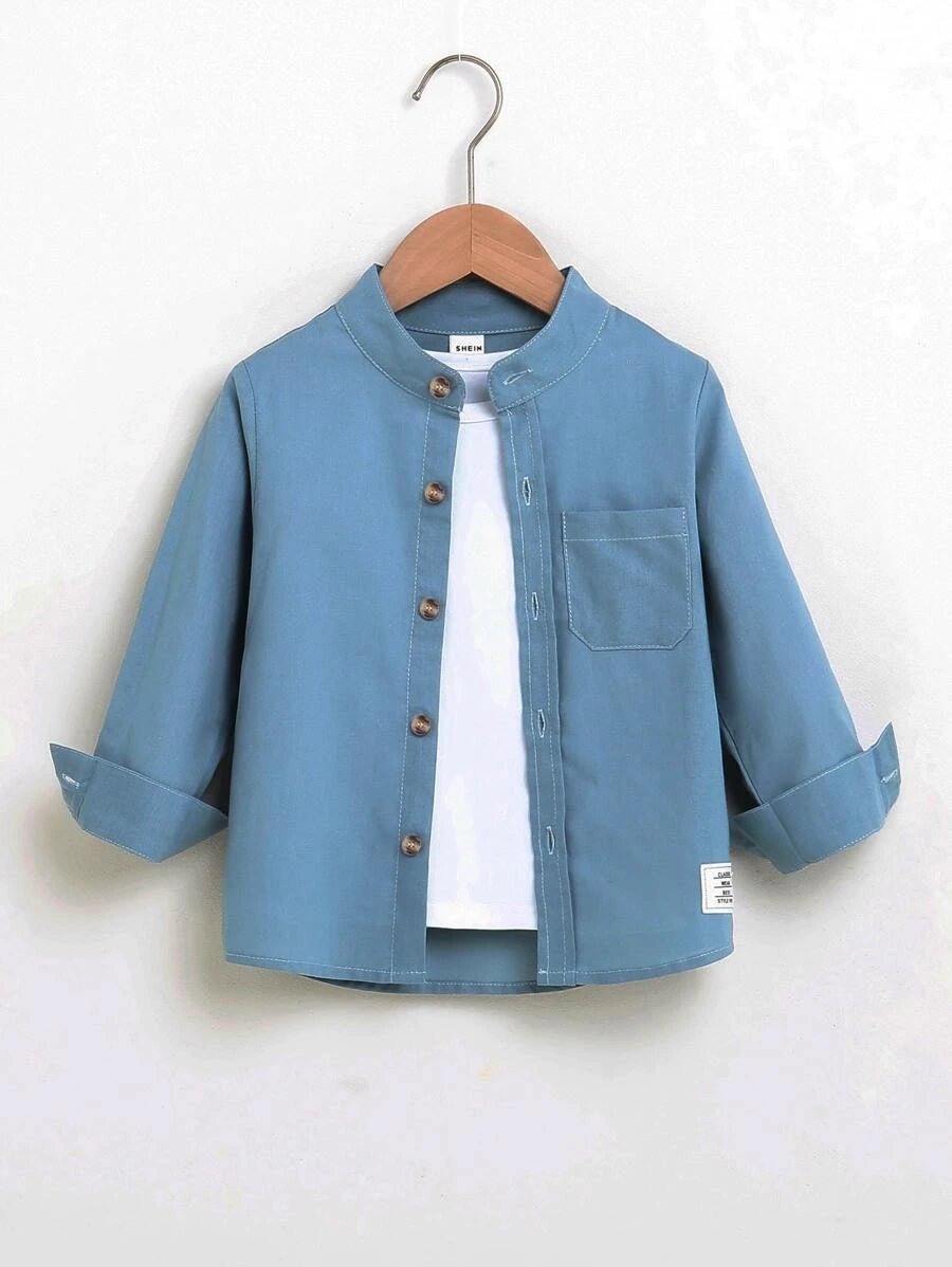 Patchwork details front pocket shirt without t-shirt for little boys