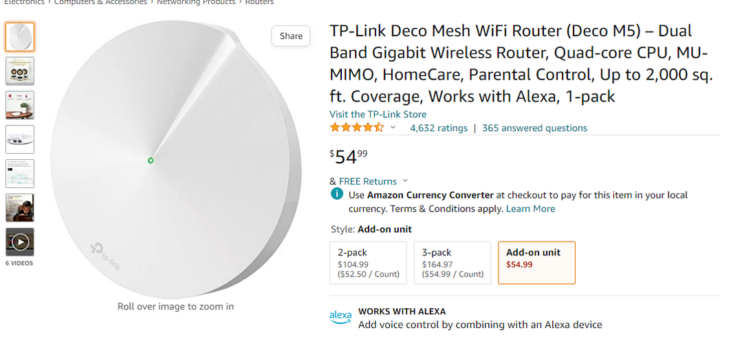 TP-Link Deco Mesh WiFi Router (Deco M5) – Dual Band Gigabit Wireless Router, Quad-core CPU, MU-MIMO, HomeCare, Parental Control, Up to 2,000 sq. ft. Coverage, Works with Alexa