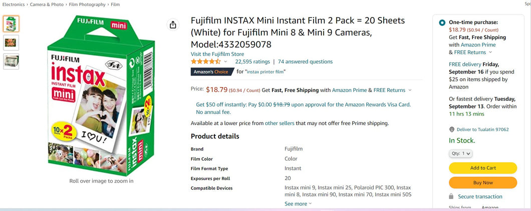 Fujifilm INSTAX Mini Instant Film 2 Pack = 20 Sheets (White) for Fujifilm Mini 8 & Mini 9 Cameras, Model:4332059078